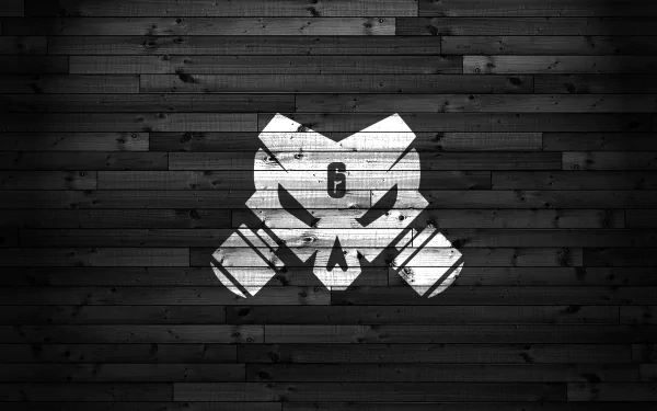 8K Ultra HD PC desktop wallpaper featuring the Outbreak emblem from Tom Clancy's Rainbow Six: Siege video game on a dark wooden background.