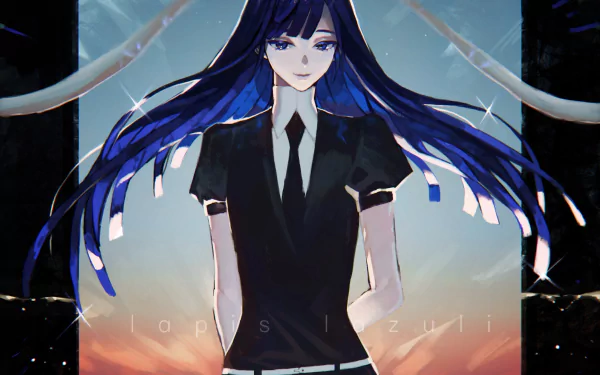 Lapis Lazuli (Land of the Lustrous) stands center with flowing blue-black hair and a black uniform, framed by shimmering light and a dusk sky — HD anime PC desktop wallpaper.