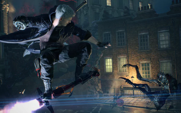 Nero from Devil May Cry 5 leaps into action in this intense 4K Ultra HD PC desktop wallpaper, showcasing dynamic combat in the iconic video game.
