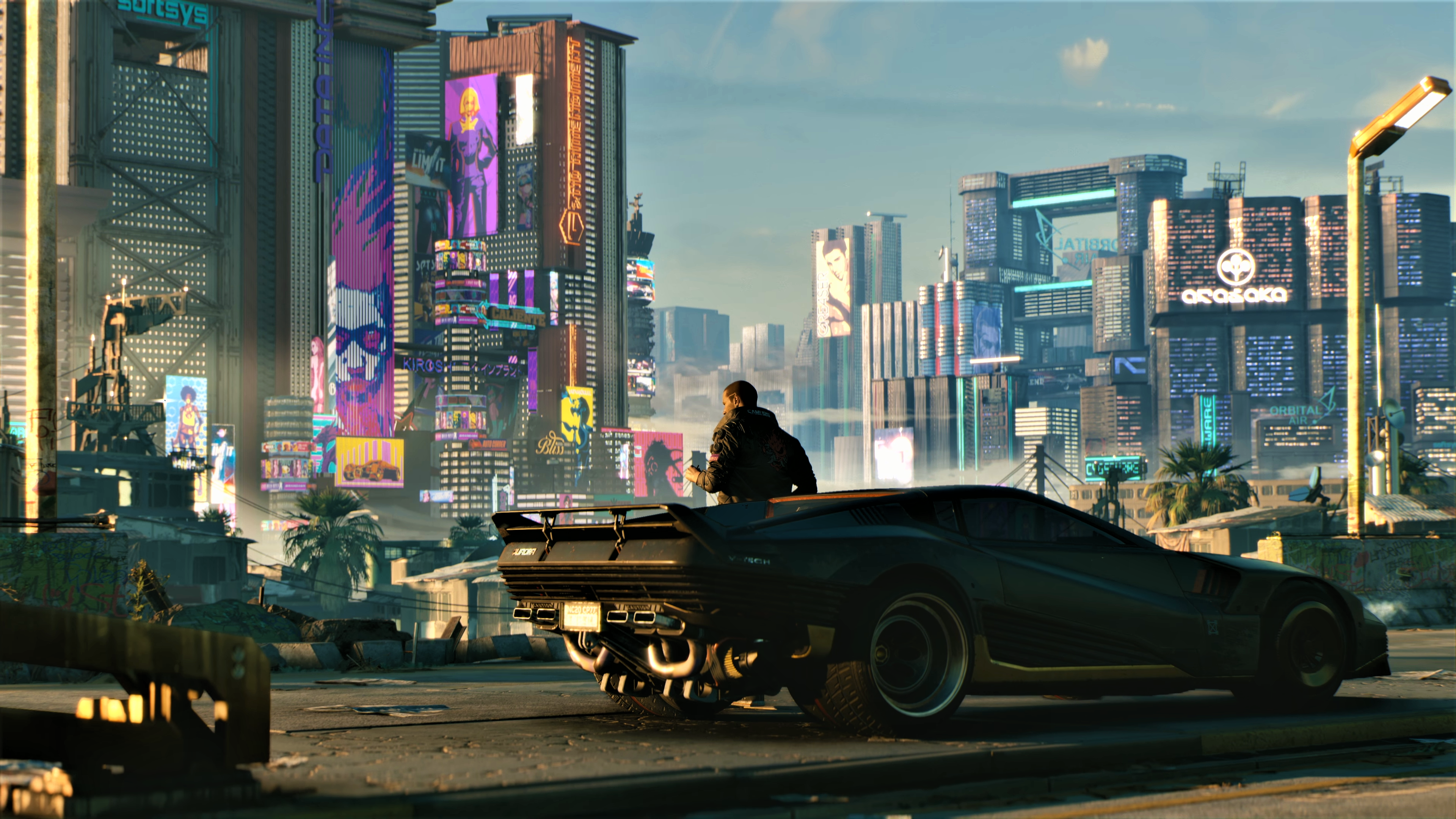 HD desktop wallpaper from Cyberpunk 2077 featuring a character beside a futuristic car, set against a vibrant, neon-lit cityscape.