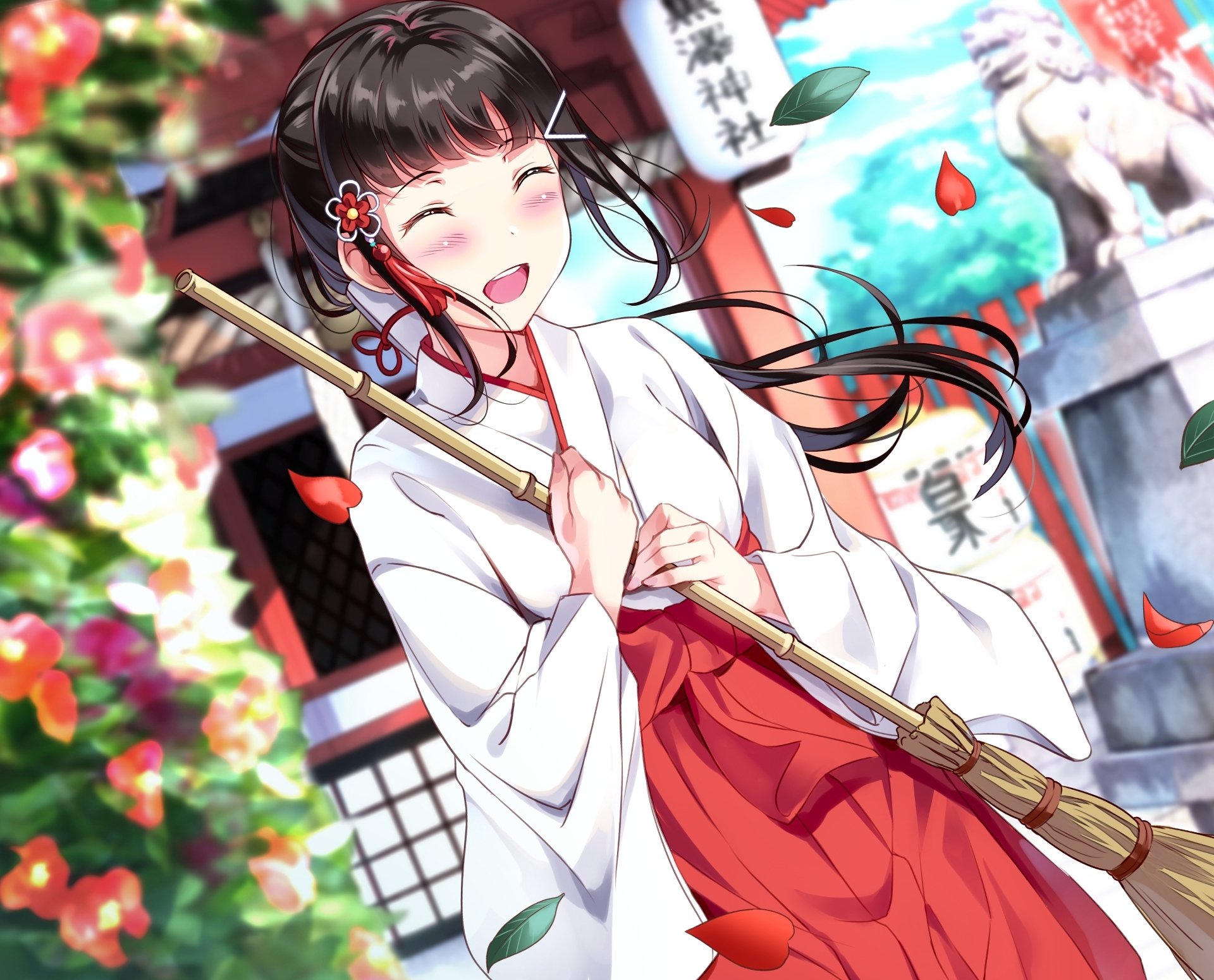 Dia Kurosawa from Love Live! Sunshine!! smiling in a white-and-red shrine maiden outfit, holding a broom as cherry petals fall around her — HD PC desktop wallpaper/background.