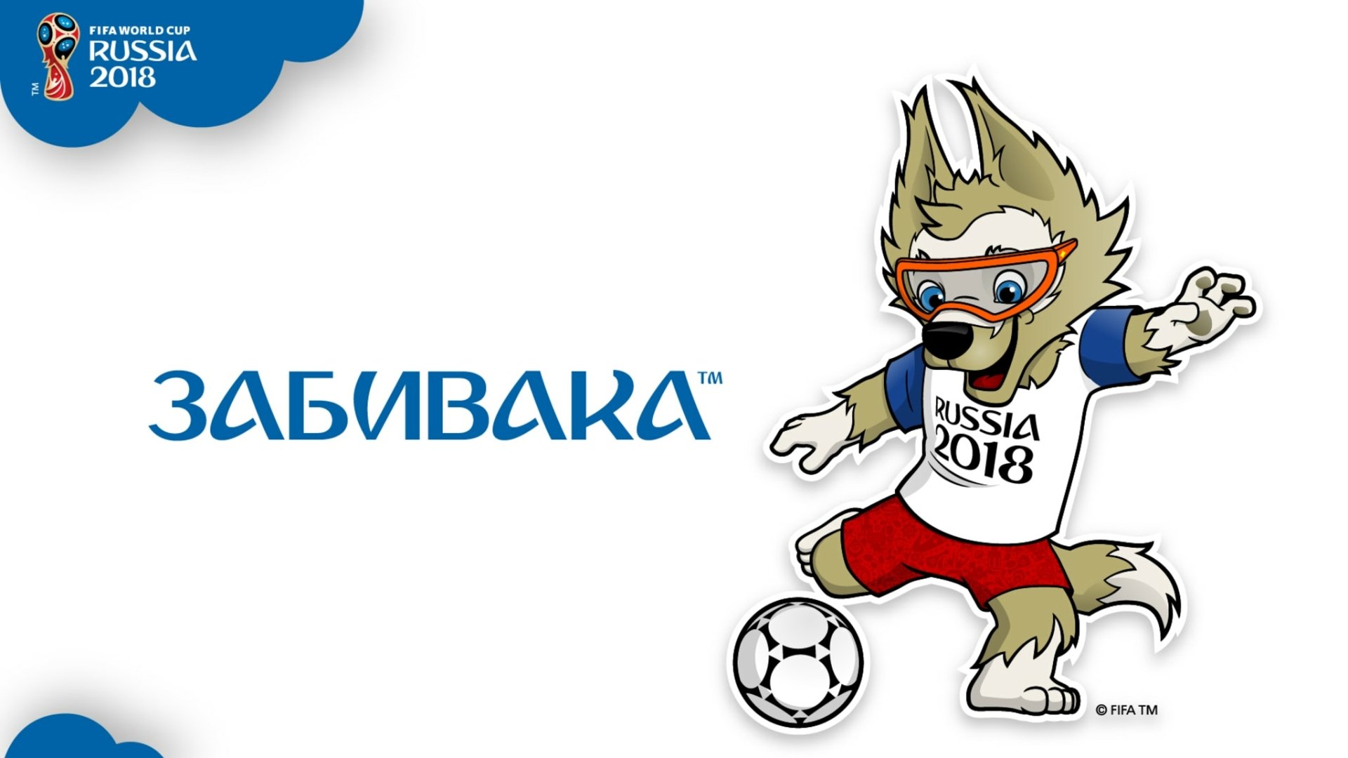 HD desktop wallpaper featuring Zabivaka, the official mascot of the 2018 FIFA World Cup Russia, kicking a soccer ball in vibrant colors.