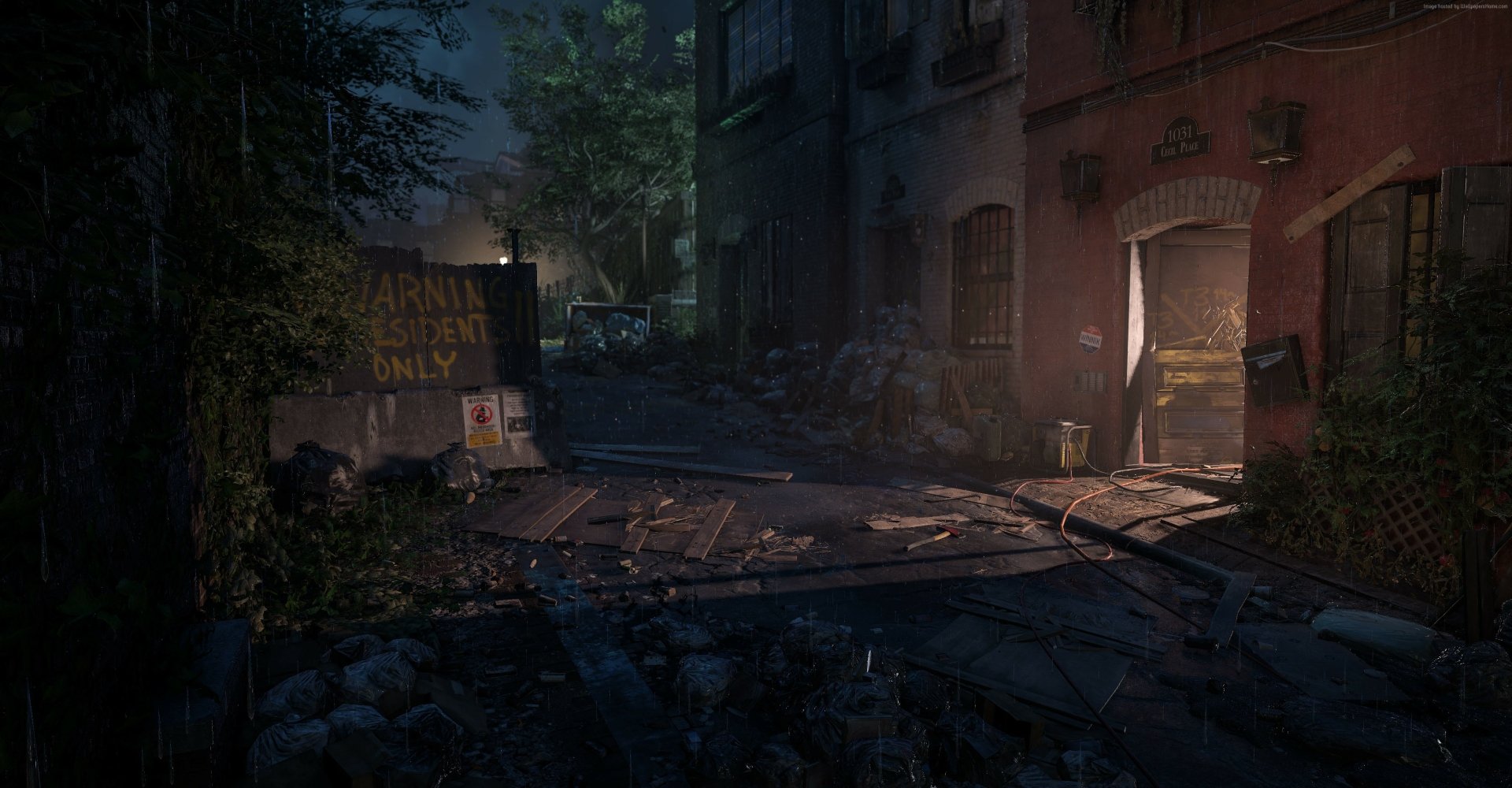 HD PC desktop wallpaper featuring a dark, abandoned urban alley from the video game Tom Clancy's The Division 2, showcasing detailed environmental design and moody lighting.