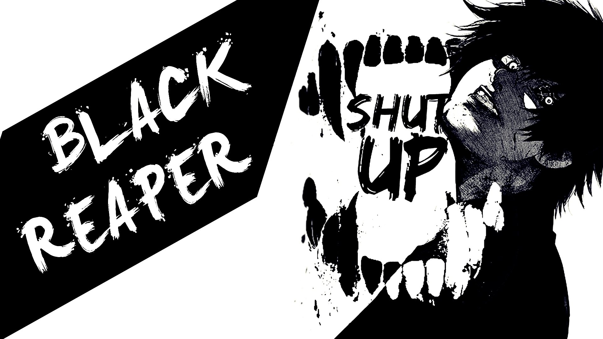 HD PC desktop wallpaper from Tokyo Ghoul:re featuring a dark, intense character with BLACK REAPER and SHUT UP text in bold, dramatic black and white style.