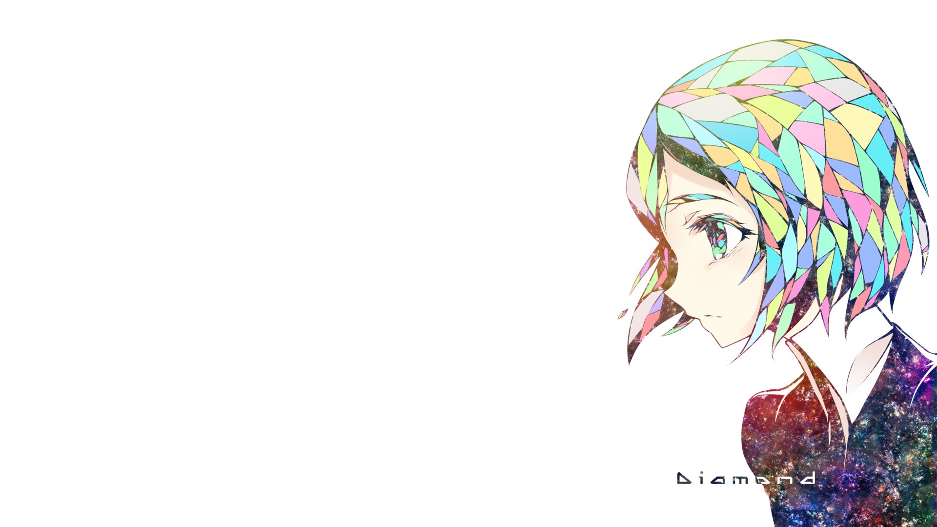 Side profile of Diamond (Land of the Lustrous) with multicolored faceted hair on white background — Anime 4K Ultra HD PC desktop wallpaper/background.