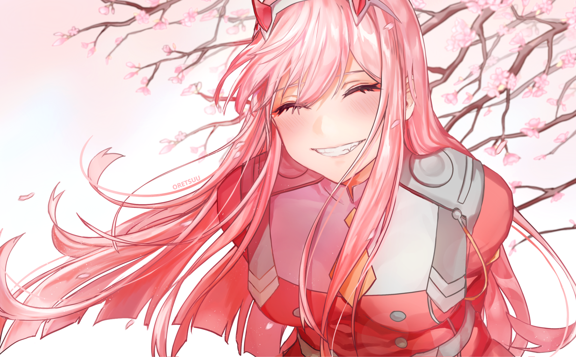 HD desktop wallpaper featuring Zero Two from Darling in the FranXX with long pink hair, smiling under cherry blossom branches. Anime artwork showcases vibrant and detailed character design.