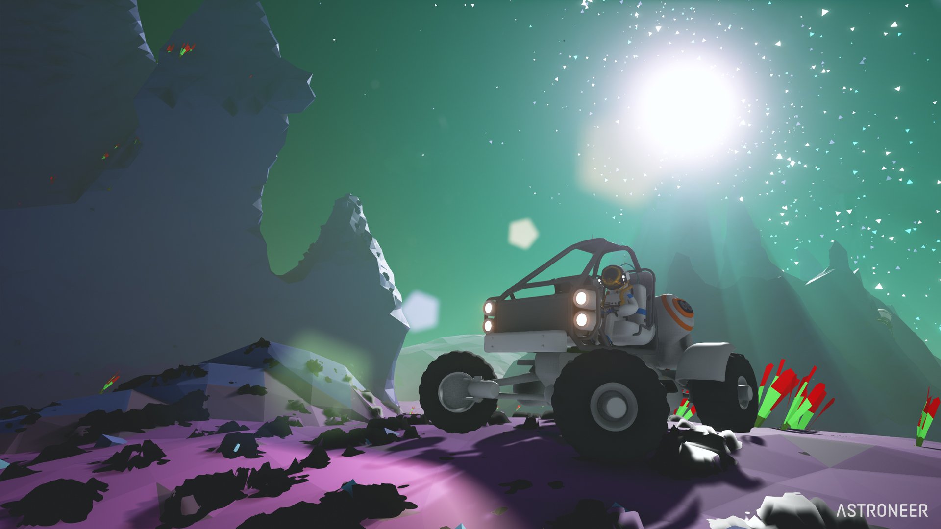 HD desktop wallpaper featuring a rover from the game ASTRONEER exploring a rocky alien terrain under a starlit sky.