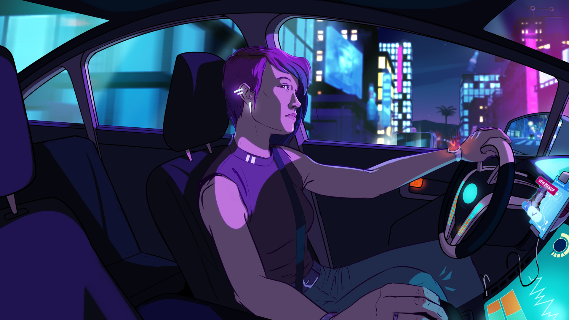 HD wallpaper of Neo Cab game featuring a character driving a futuristic cab with vibrant neon city lights in the background.