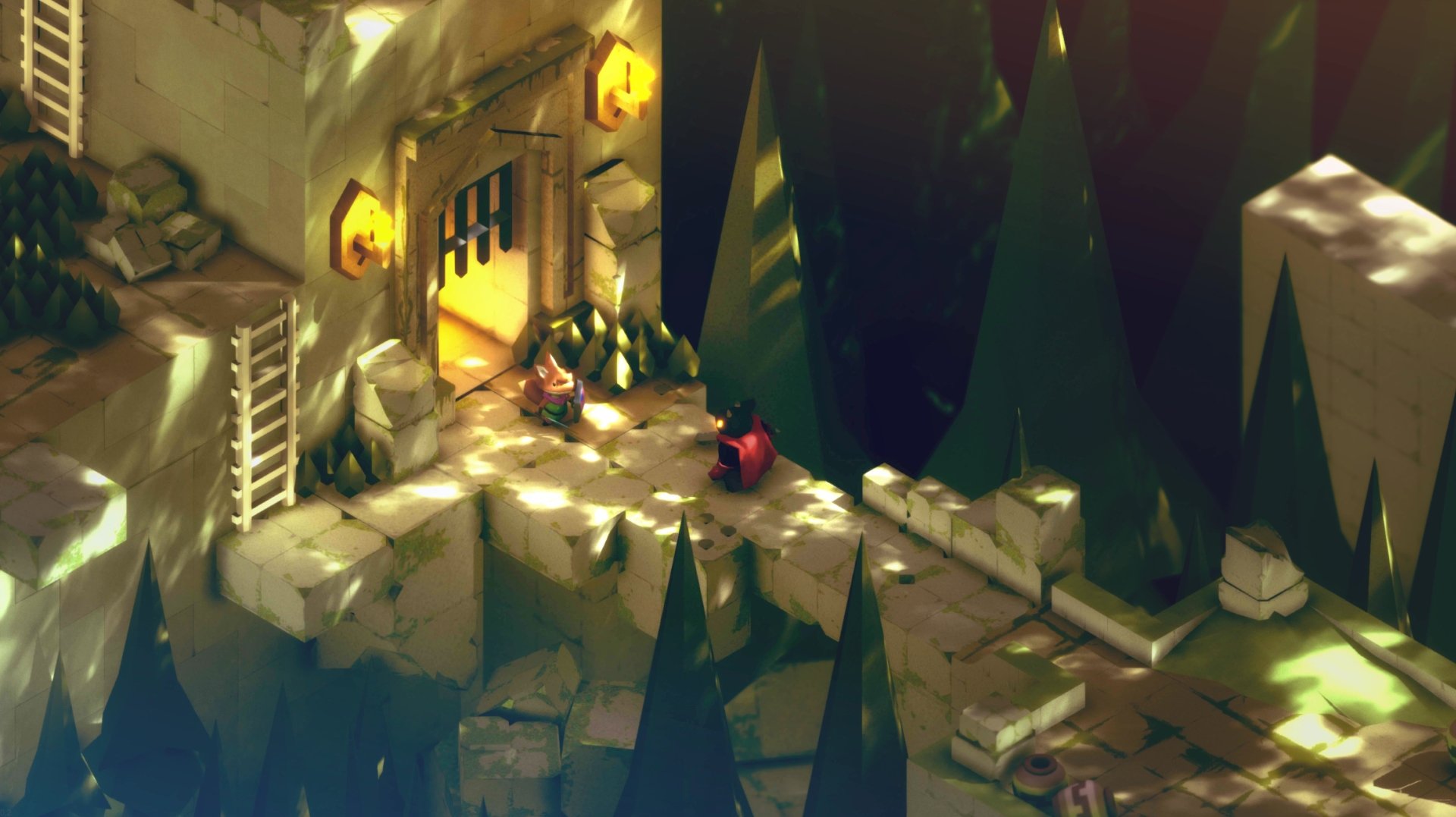 HD wallpaper of a stylized scene featuring a character in a tunic exploring an isometric fantasy village surrounded by trees.