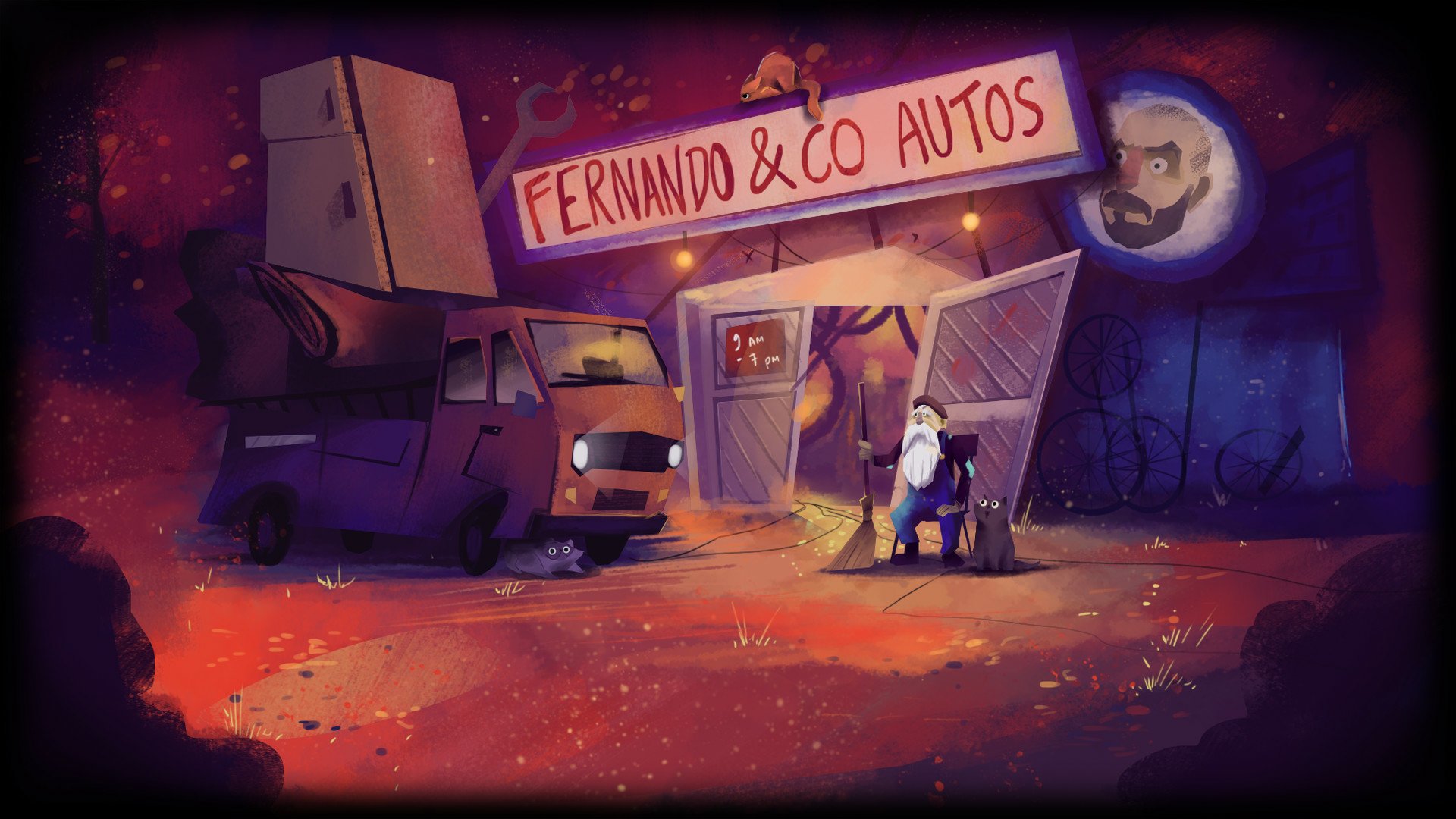 HD wallpaper from Knights and Bikes featuring a whimsical scene outside Fernando & Co Autos with characters and a van under a moonlit sky.