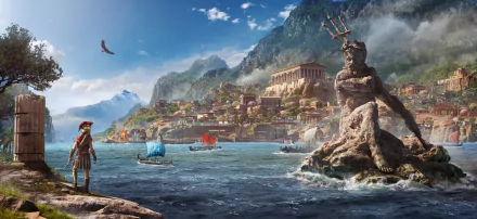 HD desktop wallpaper from Assassin's Creed Odyssey, featuring a vast, scenic coastal landscape with ships, a towering statue of Poseidon, and a character in ancient Greek armor.
