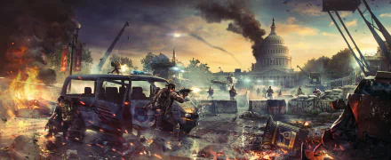 HD desktop wallpaper featuring an intense scene from Tom Clancy's The Division 2, showing chaos and gunfire near a damaged vehicle with the U.S. Capitol building in the background.