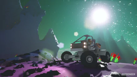 HD desktop wallpaper featuring a rover from the game ASTRONEER exploring a rocky alien terrain under a starlit sky.