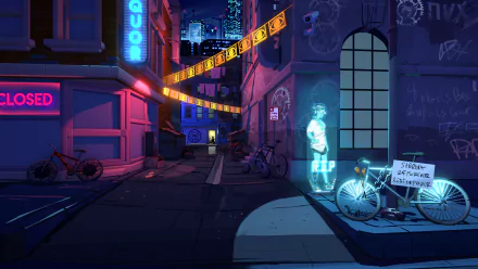 HD desktop wallpaper featuring a vibrant night scene from the game Neo Cab, with neon signs and a hologram.
