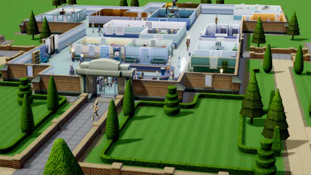 HD wallpaper depicting an overhead view of a bustling Two Point Hospital, with rooms and staff.