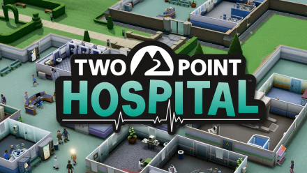 HD desktop wallpaper of Two Point Hospital game showing an animated hospital layout with game logo.