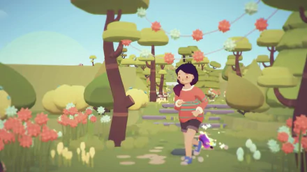 HD desktop wallpaper of Ooblets, featuring a character exploring a vibrant, whimsical game world with colorful trees and flowers.