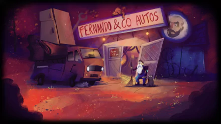 HD wallpaper from Knights and Bikes featuring a whimsical scene outside Fernando & Co Autos with characters and a van under a moonlit sky.