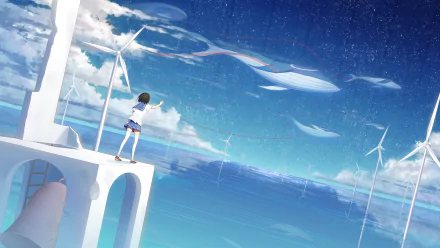 Anime-style HD wallpaper of a girl with short black hair standing by the sea, reaching toward wind turbines and ethereal whales swimming in the sky.