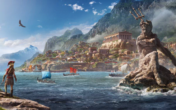 HD desktop wallpaper from Assassin's Creed Odyssey, featuring a vast, scenic coastal landscape with ships, a towering statue of Poseidon, and a character in ancient Greek armor.