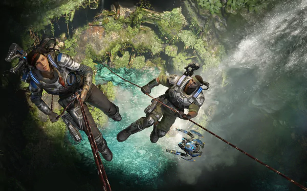 Kait Diaz and a teammate rappel into a sunlit, waterfall-cut cavern with a hovering drone — dramatic Gears 5 action scene rendered as a 4K Ultra HD PC desktop wallpaper.