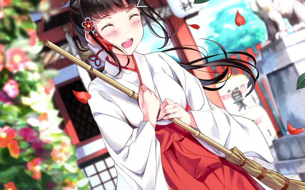 Dia Kurosawa from Love Live! Sunshine!! smiling in a white-and-red shrine maiden outfit, holding a broom as cherry petals fall around her — HD PC desktop wallpaper/background.