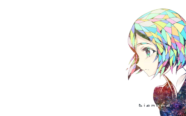 Side profile of Diamond (Land of the Lustrous) with multicolored faceted hair on white background — Anime 4K Ultra HD PC desktop wallpaper/background.