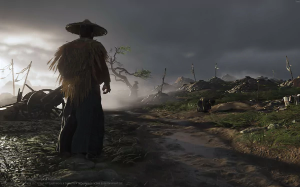 4K Ultra HD PC wallpaper featuring Jin Sakai from the video game Ghost of Tsushima, standing in a misty, battle-scarred landscape under a moody sky.