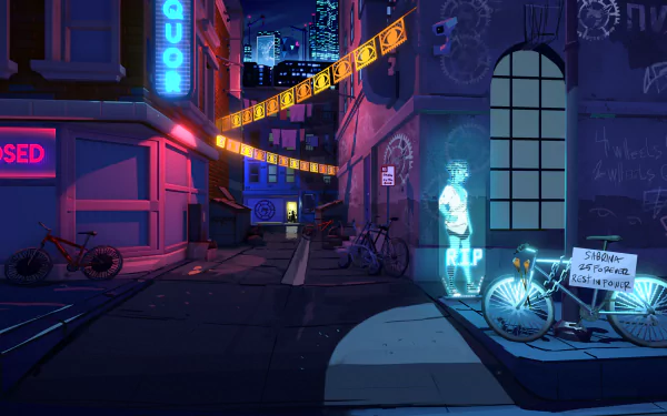 HD desktop wallpaper featuring a vibrant night scene from the game Neo Cab, with neon signs and a hologram.