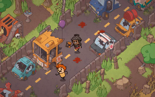 HD desktop wallpaper from Rapture Rejects featuring animated characters in a chaotic post-apocalyptic setting with cars and debris.