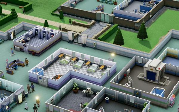 HD desktop wallpaper featuring an isometric view of a busy hospital from the game Two Point Hospital.