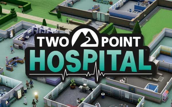 HD desktop wallpaper of Two Point Hospital game showing an animated hospital layout with game logo.