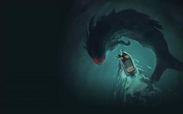 HD desktop wallpaper from Sea of Solitude depicting a person in a boat with a large, sinister shadowy creature looming underneath, set against a dark aquatic backdrop.