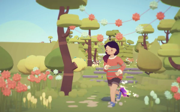 HD desktop wallpaper of Ooblets, featuring a character exploring a vibrant, whimsical game world with colorful trees and flowers.