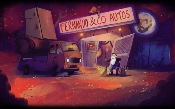 HD wallpaper from Knights and Bikes featuring a whimsical scene outside Fernando & Co Autos with characters and a van under a moonlit sky.