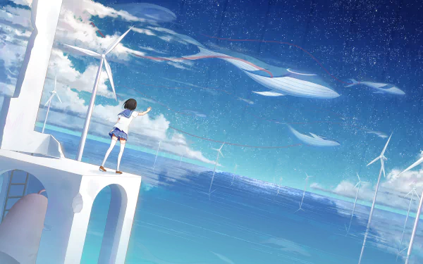 Anime-style HD wallpaper of a girl with short black hair standing by the sea, reaching toward wind turbines and ethereal whales swimming in the sky.