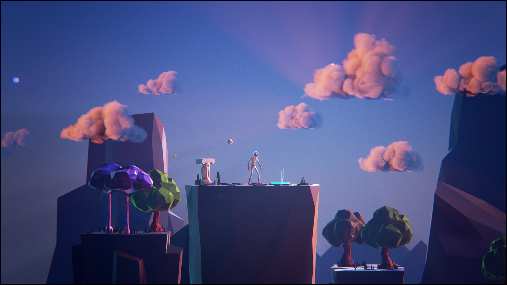 HD desktop wallpaper featuring a scene from Planet Alpha with an astronaut exploring mystical floating islands against a dusky sky.