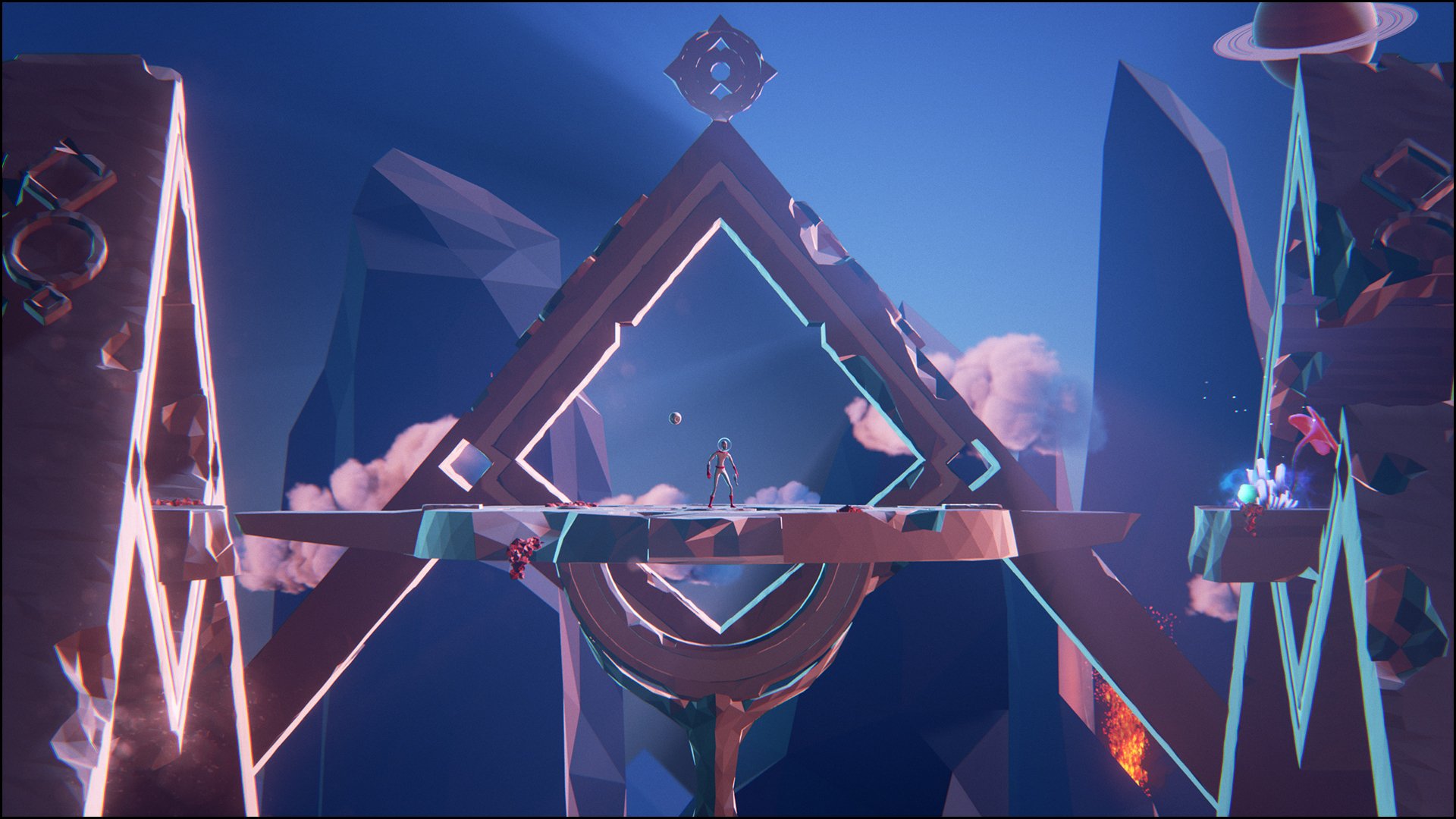 HD desktop wallpaper of Planet Alpha featuring abstract geometric structures in a dreamlike alien world with cool-toned lighting.