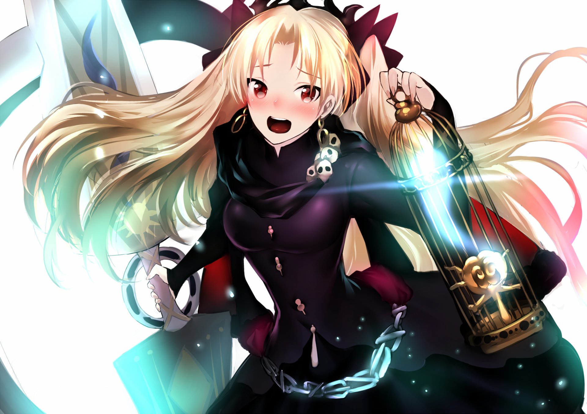 HD PC desktop wallpaper of Ereshkigal (Fate/Grand Order): anime heroine with long blonde hair and dark outfit, blushing smile, clutching a glowing golden lantern/staff amid colorful light streaks.