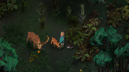 HD desktop wallpaper of Children of Morta game featuring pixel-art characters in a lush forest environment.