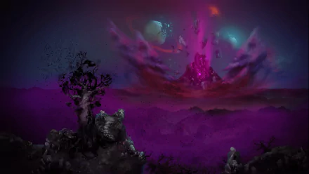 HD desktop wallpaper featuring a mystical landscape from Children of Morta with a vibrant, cosmic energy eruption in the sky.