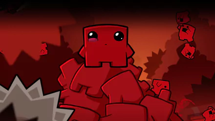 HD wallpaper featuring Super Meat Boy from Super Meat Boy Forever with a dramatic red background.