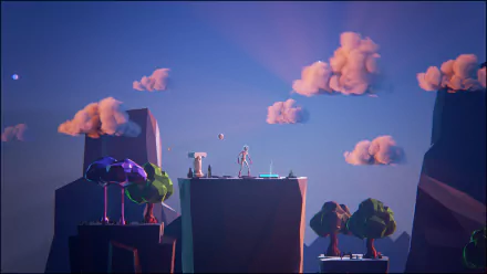 HD desktop wallpaper featuring a scene from Planet Alpha with an astronaut exploring mystical floating islands against a dusky sky.