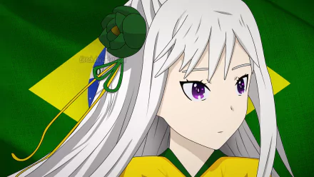 Emilia from Re:Zero in anime style against a Brazilian flag backdrop, wearing green-and-yellow outfit with hair ornament — HD PC desktop wallpaper.