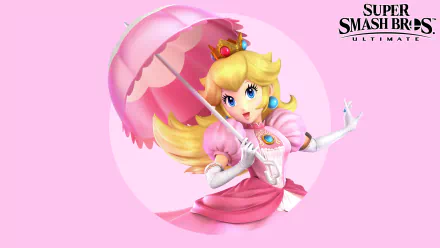 HD desktop wallpaper featuring Princess Peach from Super Mario series in Super Smash Bros. Ultimate, holding a parasol against a pink background.
