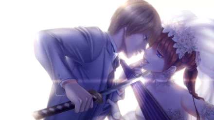 HD anime desktop wallpaper featuring Okita Sougo and Kagura from Gintama in a dramatic, close-up moment with soft lighting and intense expressions.