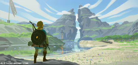 HD desktop wallpaper featuring Link from The Legend of Zelda: Breath of the Wild, overlooking a scenic landscape with mountains, water, and a bright sky.