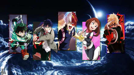 HD PC desktop wallpaper featuring a dynamic collage of My Hero Academia characters Tenya Iida, Ochaco Uraraka, Katsuki Bakugou, Shoto Todoroki, and Izuku Midoriya.