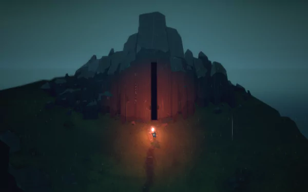 HD desktop wallpaper featuring a person standing before a large, mysterious gate on a dark, foggy hillside.