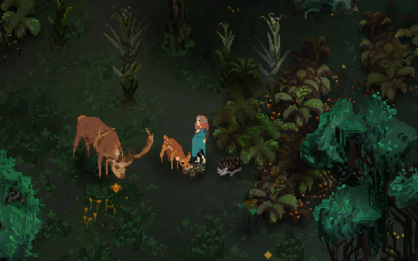 HD desktop wallpaper of Children of Morta game featuring pixel-art characters in a lush forest environment.